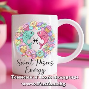 Чаша с надпис за зодия Риби - Sweet Pisces energy, Подарък за зодия Риби