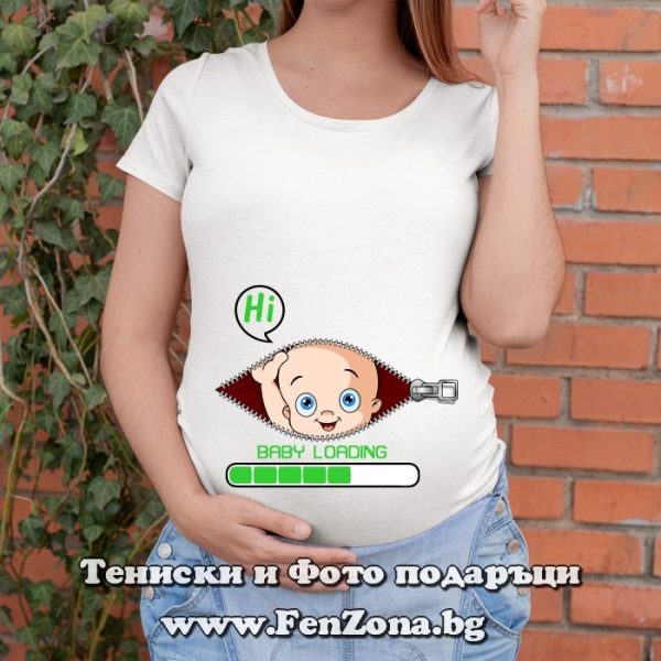 Дамска тениска с надпис Baby loading – green, Подарък за бременна