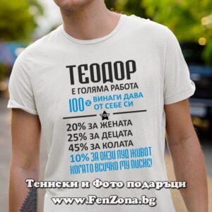 Мъжка тениска за имен ден - подарък с надпис Теодор е голяма работа , Подарък за Тодоровден