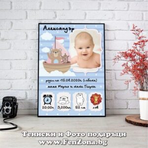 Фото рамка със снимка и пожелание - размер А3 - бебешка визитка за момче