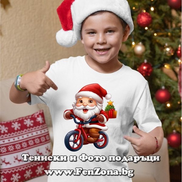 Детска коледна тениска Дядо Коледа на колело за момче