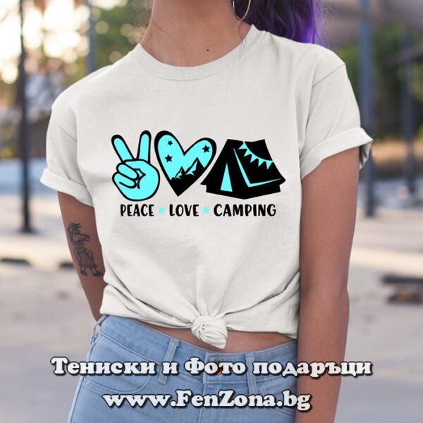 damska teniska s nadpis peace love camping
