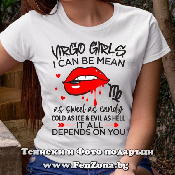 Дамска тениска с надпис Virgo girls - sweet ot devil, Подарък за жена дева