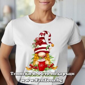 Дамска коледна тениска с гном и чаша