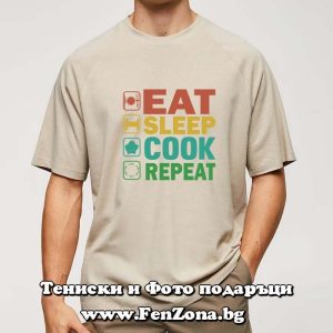 Мъжка тениска с надпис Eat, sleep, cook, repeat