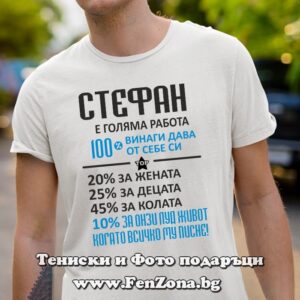 Мъжка тениска за имен ден - подарък с надпис Стефан е голяма работа