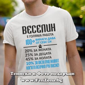 Мъжка тениска за имен ден - подарък с надпис Веселин е голяма работа