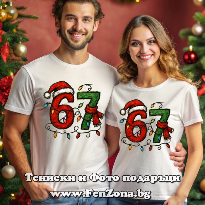Коледни тениски за двойки с надпис Six seven, Коледни тениски за двама