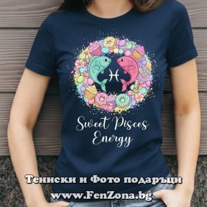 Дамска тениска с надпис Sweet Pisces energy, Подарък за жена зодия Риби